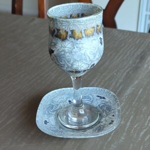 Handcrafted Gray and Gold Wine Glass/ Kiddush Cup with Saucer. Made In Israel.
